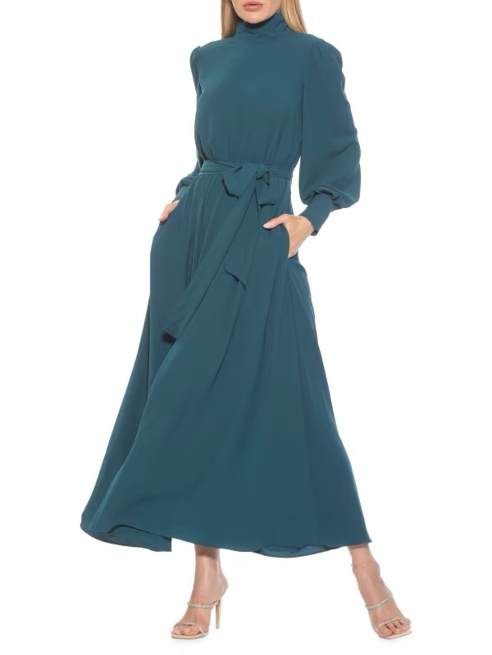 Alexia Admor Isaliah Blousen Sleeve Mockneck Maxi Dress Teal Blue NWT 8